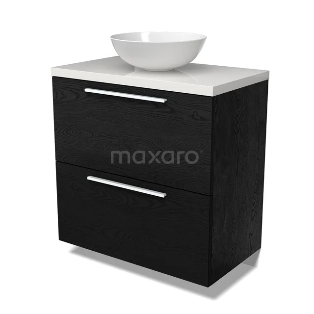 Modulo Plato Badmöbel mit Aufsatzwaschbecken | 80 cm Schwarze Eiche Flach front Hochglanz Weiß blatt 2 hohe Schubladen übereinanderliegend BMK13-01086