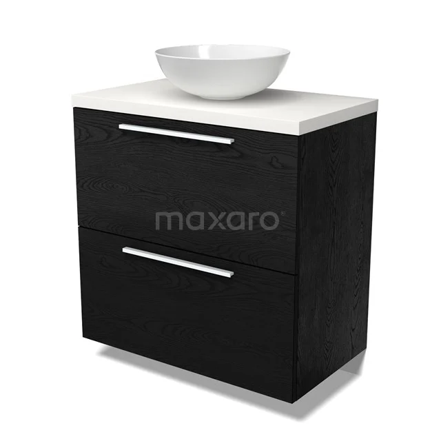 Modulo Plato Badmöbel mit Aufsatzwaschbecken | 80 cm Schwarze Eiche Flach front Matt Weiß blatt 2 hohe Schubladen übereinanderliegend BMK13-01087