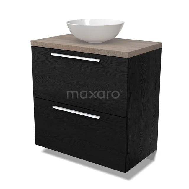 Modulo Plato Badmöbel mit Aufsatzwaschbecken | 80 cm Schwarze Eiche Flach front Eiche blatt 2 hohe Schubladen übereinanderliegend BMK13-01091