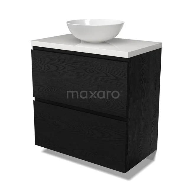 Modulo Plato Vanity units for countertop basin | 80 cm Black oak Handle-less front High-gloss white worktop 2 stacked drawers under each other BMK13-01101