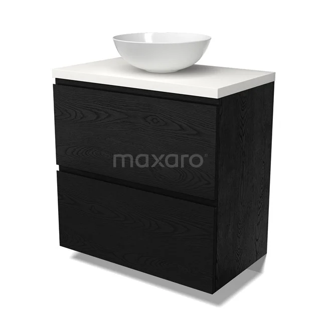 Modulo Plato Vanity units for countertop basin | 80 cm Black oak Handle-less front Matte white worktop 2 stacked drawers under each other BMK13-01102
