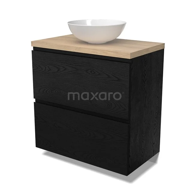 Modulo Plato Badmöbel mit Aufsatzwaschbecken | 80 cm Schwarze Eiche Grifflos front Hellbraune Eiche blatt 2 hohe Schubladen übereinanderliegend BMK13-01107