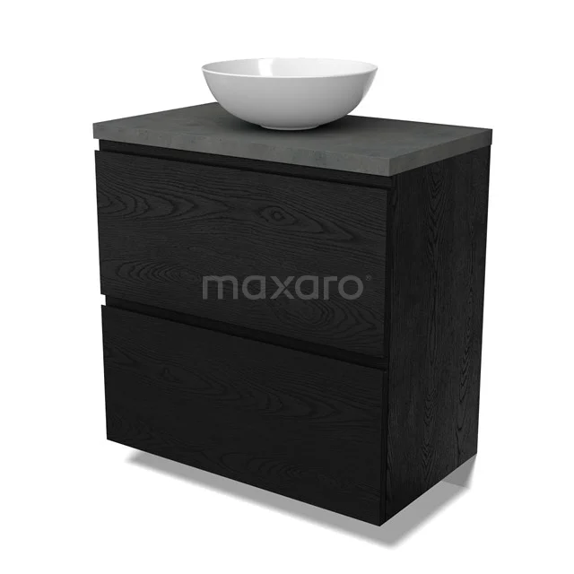 Modulo Plato Badmöbel mit Aufsatzwaschbecken | 80 cm Schwarze Eiche Grifflos front Dunkelgrauer Beton blatt 2 hohe Schubladen übereinanderliegend BMK13-01112