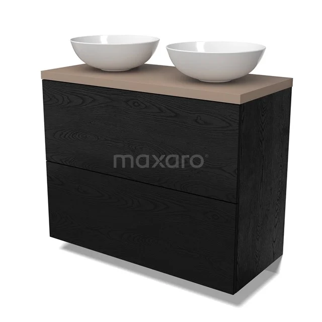 Modulo Plato Badmöbel mit Aufsatzwaschbecken | 100 cm Schwarze Eiche Flach front Taupe blatt 2 hohe Schubladen übereinanderliegend BMK13-01114