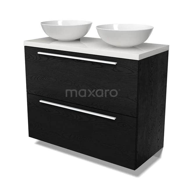 Modulo Plato Vanity units for countertop basin | 100 cm Black oak Flat front High-gloss white worktop 2 stacked drawers under each other BMK13-01116