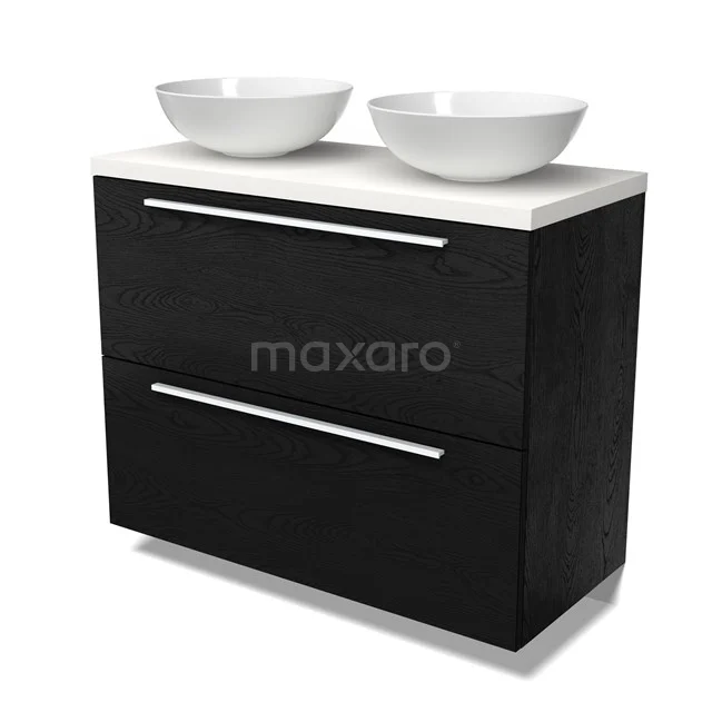 Modulo Plato Vanity units for countertop basin | 100 cm Black oak Flat front Matte white worktop 2 stacked drawers under each other BMK13-01117