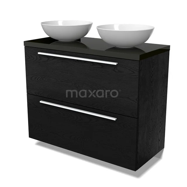 Modulo Plato Vanity units for countertop basin | 100 cm Black oak Flat front High-gloss black worktop 2 stacked drawers under each other BMK13-01119