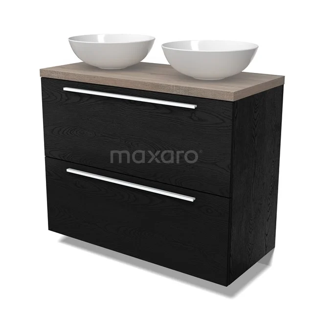 Modulo Plato Badmöbel mit Aufsatzwaschbecken | 100 cm Schwarze Eiche Flach front Eiche blatt 2 hohe Schubladen übereinanderliegend BMK13-01122