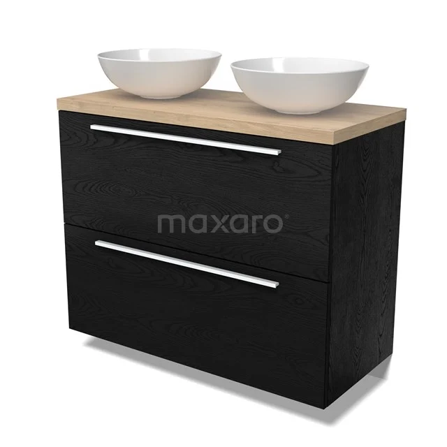 Modulo Plato Vanity units for countertop basin | 100 cm Black oak Flat front Light brown oak worktop 2 stacked drawers under each other BMK13-01124