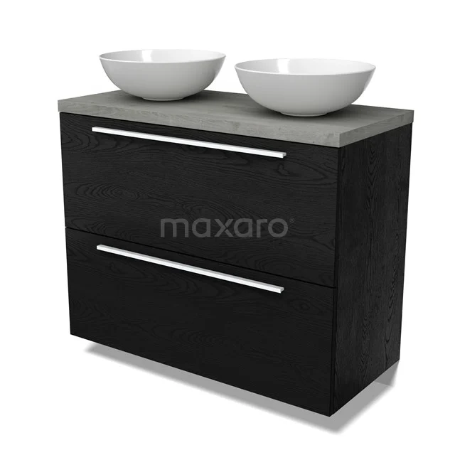 Modulo Plato Badmöbel mit Aufsatzwaschbecken | 100 cm Schwarze Eiche Flach front Graue Eiche blatt 2 hohe Schubladen übereinanderliegend BMK13-01127