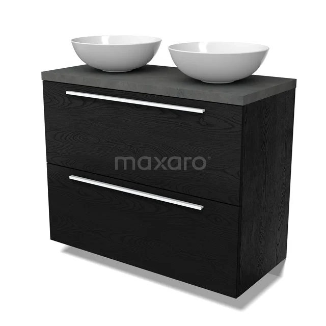 Modulo Plato Badmöbel mit Aufsatzwaschbecken | 100 cm Schwarze Eiche Flach front Dunkelgrauer Beton blatt 2 hohe Schubladen übereinanderliegend BMK13-01129