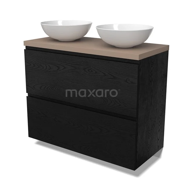 Modulo Plato Vanity units for countertop basin | 100 cm Black oak Handle-less front Taupe worktop 2 stacked drawers under each other BMK13-01131