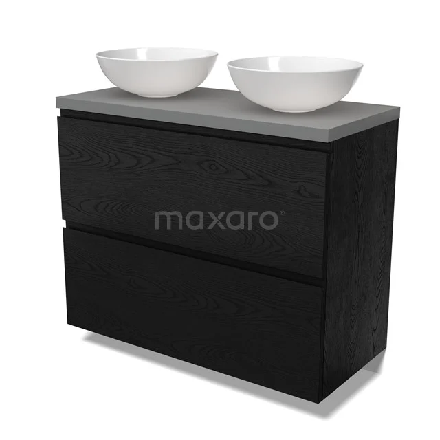 Modulo Plato Badmöbel mit Aufsatzwaschbecken | 100 cm Schwarze Eiche Grifflos front Mittelgrau blatt 2 hohe Schubladen übereinanderliegend BMK13-01132