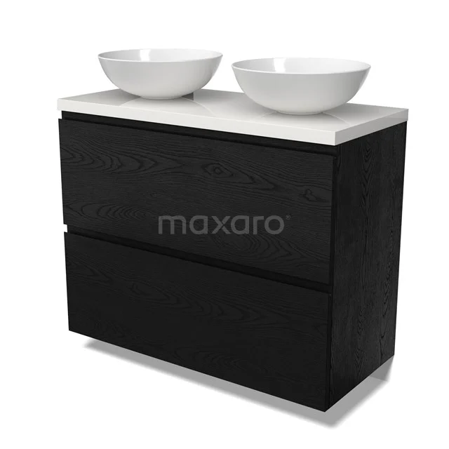 Modulo Plato Vanity units for countertop basin | 100 cm Black oak Handle-less front High-gloss white worktop 2 stacked drawers under each other BMK13-01133