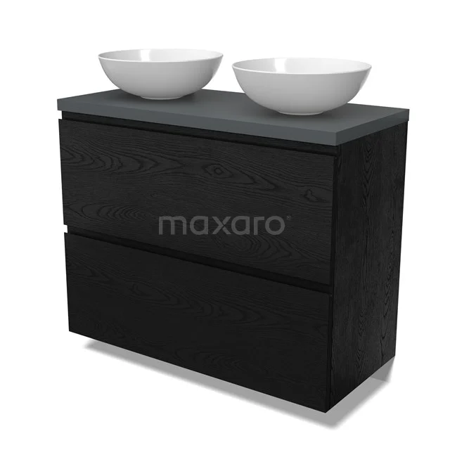 Modulo Plato Vanity units for countertop basin | 100 cm Black oak Handle-less front Dark grey worktop 2 stacked drawers under each other BMK13-01135