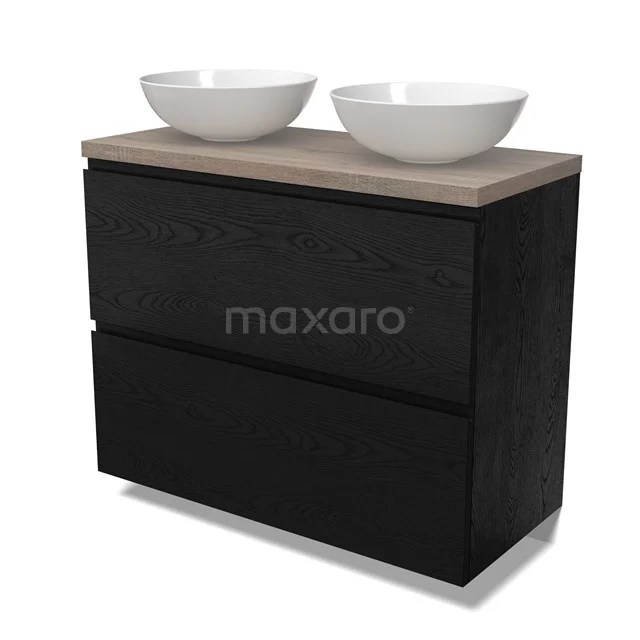 Modulo Plato Badmöbel mit Aufsatzwaschbecken | 100 cm Schwarze Eiche Grifflos front Eiche blatt 2 hohe Schubladen übereinanderliegend BMK13-01139