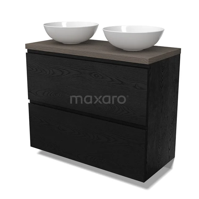 Modulo Plato Vanity units for countertop basin | 100 cm Black oak Handle-less front Dark brown oak worktop 2 stacked drawers under each other BMK13-01143