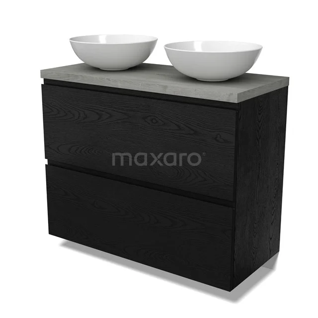 Modulo Plato Vanity units for countertop basin | 100 cm Black oak Handle-less front Grey oak worktop 2 stacked drawers under each other BMK13-01144