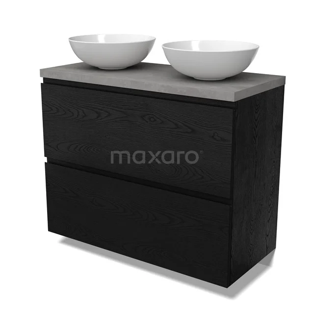 Modulo Plato Vanity units for countertop basin | 100 cm Black oak Handle-less front Light grey concrete worktop 2 stacked drawers under each other BMK13-01145