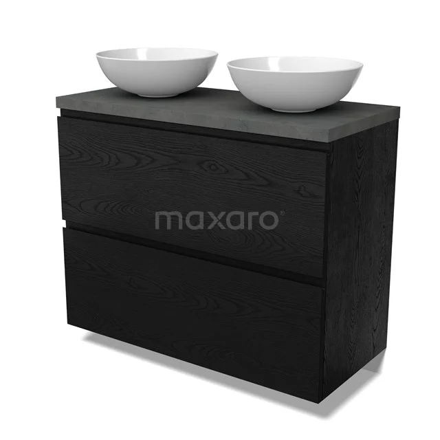 Modulo Plato Vanity units for countertop basin | 100 cm Black oak Handle-less front Dark grey concrete worktop 2 stacked drawers under each other BMK13-01146