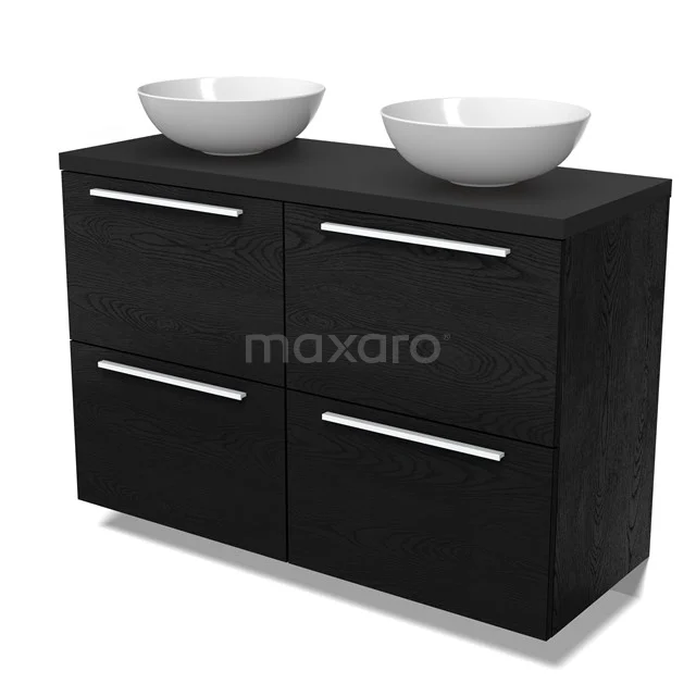 Modulo Plato Badmöbel mit Aufsatzwaschbecken | 120 cm Schwarze Eiche Flach front Matt Schwarz blatt 4 hohe Schubladen BMK14-00838