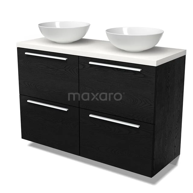 Modulo Plato Badmöbel mit Aufsatzwaschbecken | 120 cm Schwarze Eiche Flach front Matt Weiß blatt 4 hohe Schubladen BMK14-00842