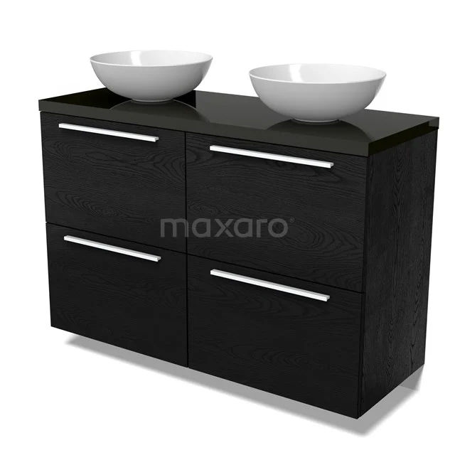 Modulo Plato Badmöbel mit Aufsatzwaschbecken | 120 cm Schwarze Eiche Flach front Hochglanz Schwarz blatt 4 hohe Schubladen BMK14-00844