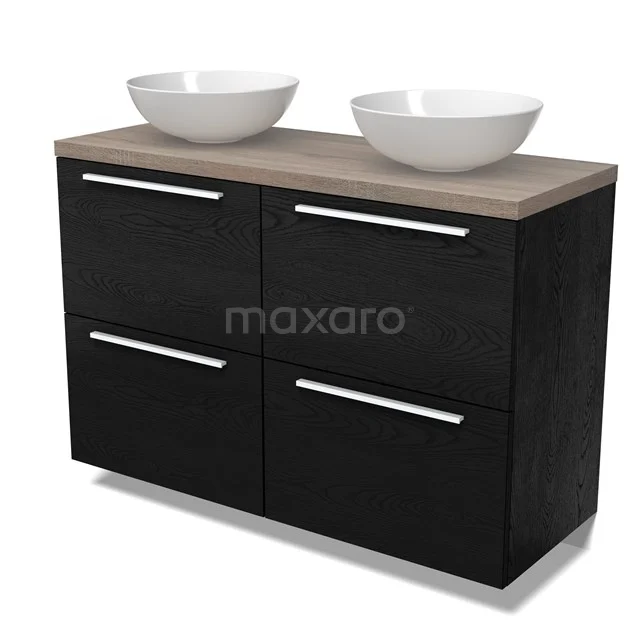Modulo Plato Vanity units for countertop basin | 120 cm Black oak Flat front Oak worktop 4 high drawers BMK14-00847