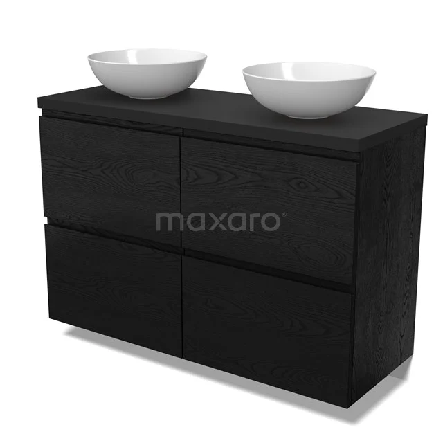 Modulo Plato Vanity units for countertop basin | 120 cm Black oak Handle-less front Matte black worktop 4 high drawers BMK14-00855