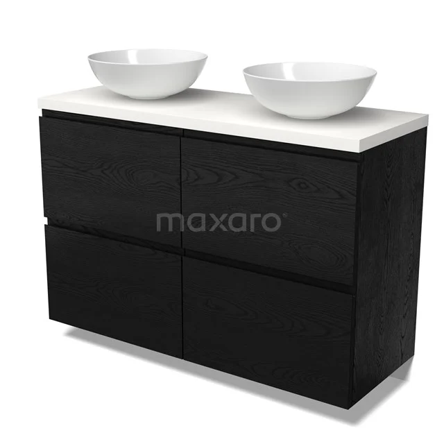 Modulo Plato Vanity units for countertop basin | 120 cm Black oak Handle-less front Matte white worktop 4 high drawers BMK14-00859