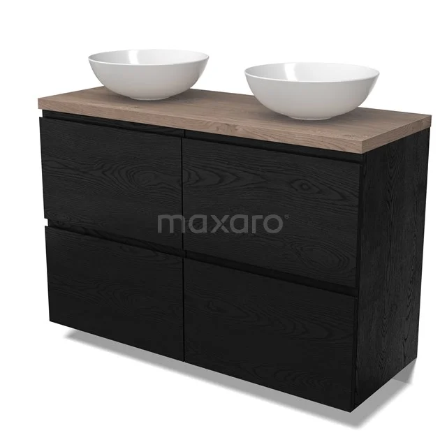 Modulo Plato Vanity units for countertop basin | 120 cm Black oak Handle-less front Mid brown oak worktop 4 high drawers BMK14-00867