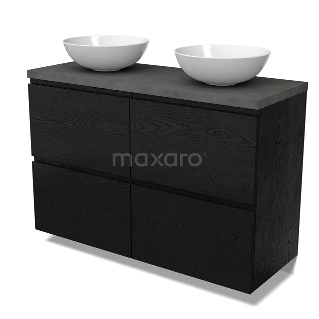 Modulo Plato Badmöbel mit Aufsatzwaschbecken | 120 cm Schwarze Eiche Grifflos front Dunkelgrauer Beton blatt 4 hohe Schubladen BMK14-00871