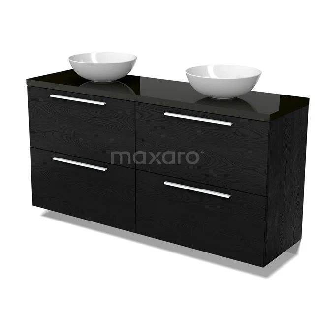 Modulo Plato Badmöbel mit Aufsatzwaschbecken | 160 cm Schwarze Eiche Flach front Hochglanz Schwarz blatt 4 hohe Schubladen BMK14-00878