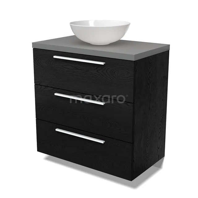 Modulo Plato Badmöbel mit Aufsatzwaschbecken | 80 cm Schwarze Eiche Flach front Mittelgrau blatt 3 Schubladen BMK19-01626
