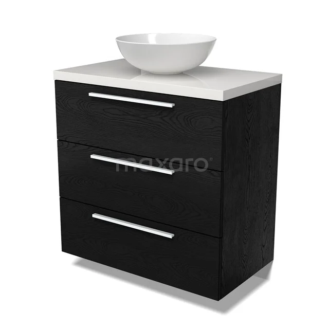 Modulo Plato Badmöbel mit Aufsatzwaschbecken | 80 cm Schwarze Eiche Flach front Hochglanz Weiß blatt 3 Schubladen BMK19-01627