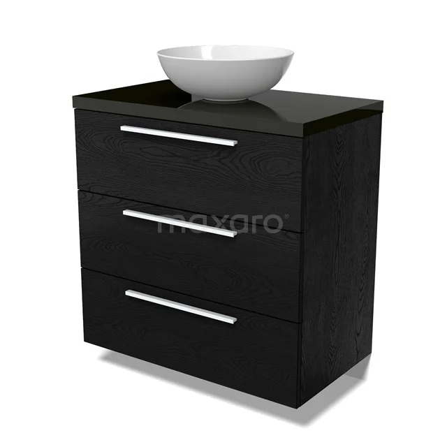 Modulo Plato Vanity units for countertop basin | 80 cm Black oak Flat front High-gloss black worktop 3 drawers BMK19-01630