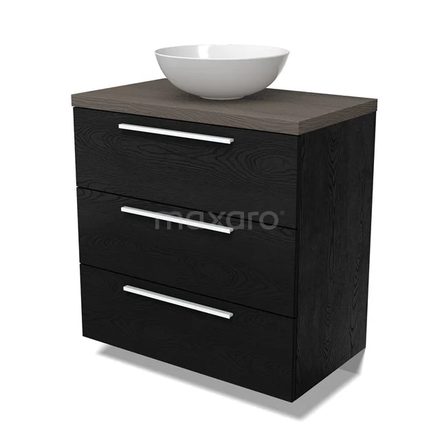 Modulo Plato Badmöbel mit Aufsatzwaschbecken | 80 cm Schwarze Eiche Flach front Dunkelbraune Eiche blatt 3 Schubladen BMK19-01637