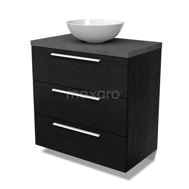 Modulo Plato Badmöbel mit Aufsatzwaschbecken | 80 cm Schwarze Eiche Flach front Dunkelgrauer Beton blatt 3 Schubladen BMK19-01640