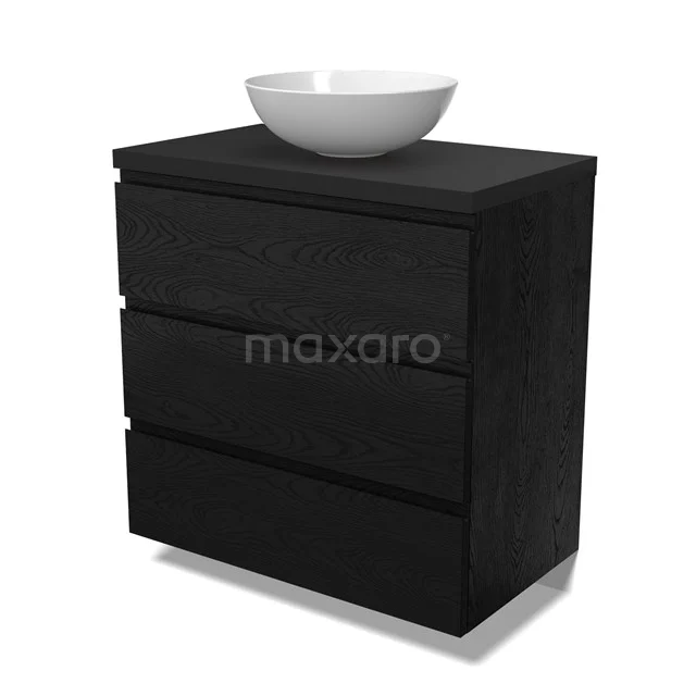 Modulo Plato Vanity units for countertop basin | 80 cm Black oak Handle-less front Matte black worktop 3 drawers BMK19-01641
