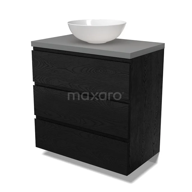 Modulo Plato Badmöbel mit Aufsatzwaschbecken | 80 cm Schwarze Eiche Grifflos front Mittelgrau blatt 3 Schubladen BMK19-01643