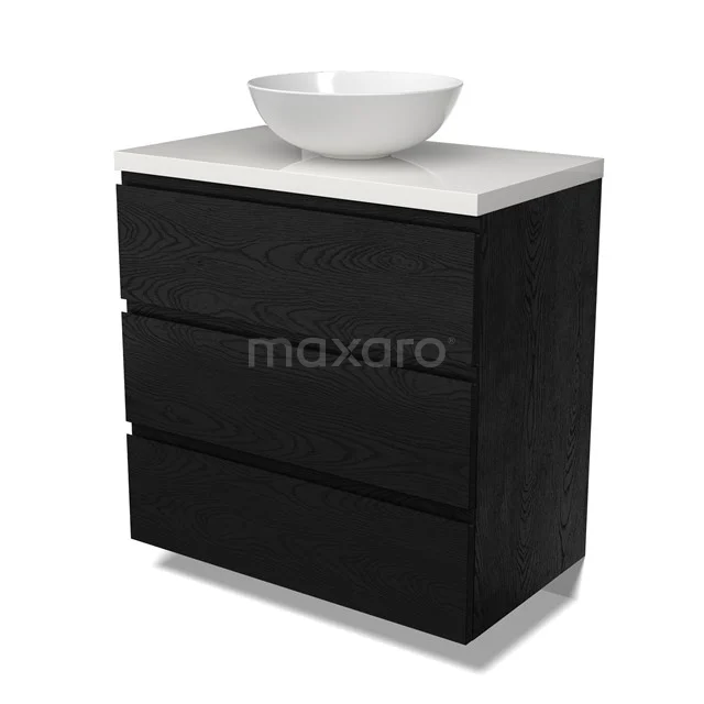 Modulo Plato Vanity units for countertop basin | 80 cm Black oak Handle-less front High-gloss white worktop 3 drawers BMK19-01644