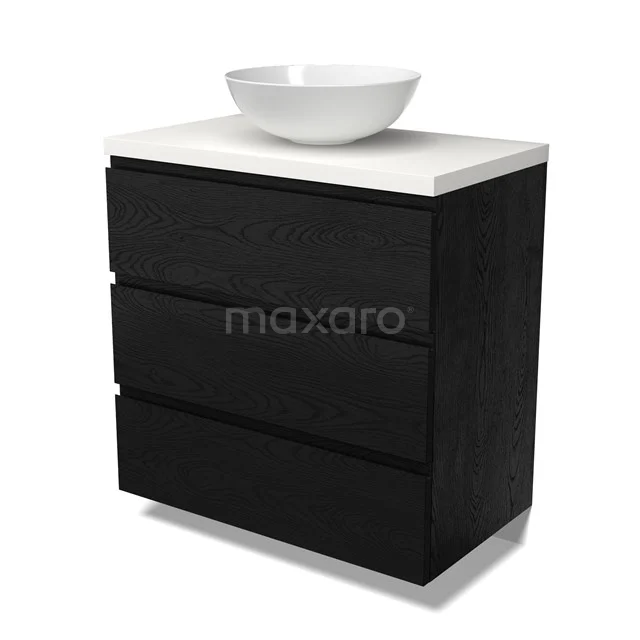 Modulo Plato Vanity units for countertop basin | 80 cm Black oak Handle-less front Matte white worktop 3 drawers BMK19-01645