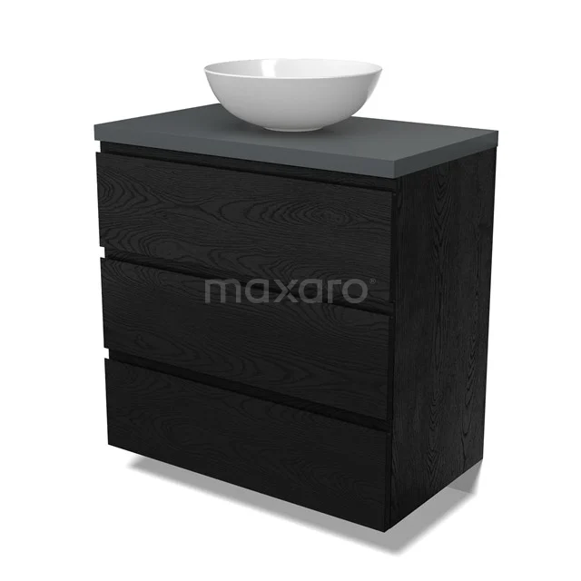 Modulo Plato Badmöbel mit Aufsatzwaschbecken | 80 cm Schwarze Eiche Grifflos front Dunkelgrau blatt 3 Schubladen BMK19-01646