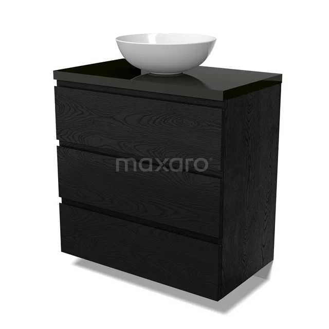 Modulo Plato Vanity units for countertop basin | 80 cm Black oak Handle-less front High-gloss black worktop 3 drawers BMK19-01647