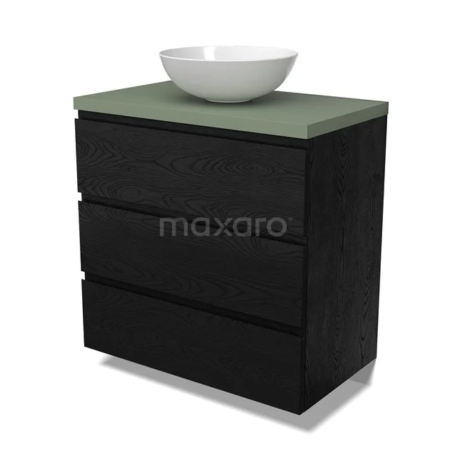 Modulo Plato Badmöbel mit Aufsatzwaschbecken | 80 cm Schwarze Eiche Grifflos front Salbeigrün blatt 3 Schubladen BMK19-01648