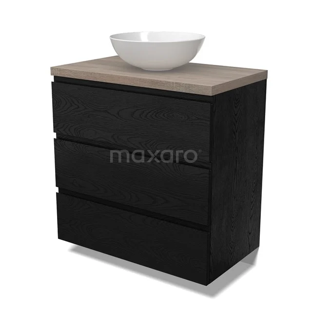 Modulo Plato Vanity units for countertop basin | 80 cm Black oak Handle-less front Oak worktop 3 drawers BMK19-01650