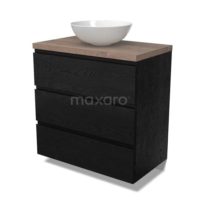 Modulo Plato Badmöbel mit Aufsatzwaschbecken | 80 cm Schwarze Eiche Grifflos front Mittelbraune Eiche blatt 3 Schubladen BMK19-01653