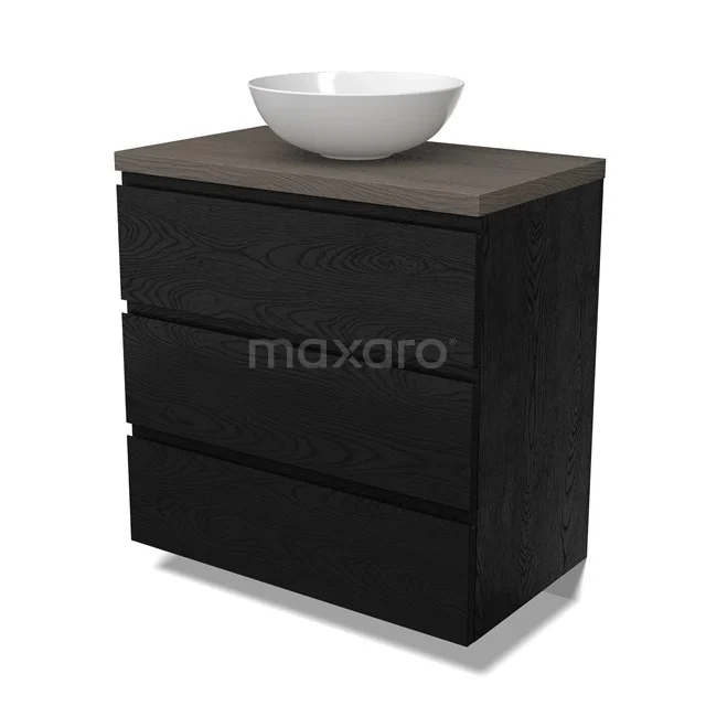 Modulo Plato Badmöbel mit Aufsatzwaschbecken | 80 cm Schwarze Eiche Grifflos front Dunkelbraune Eiche blatt 3 Schubladen BMK19-01654