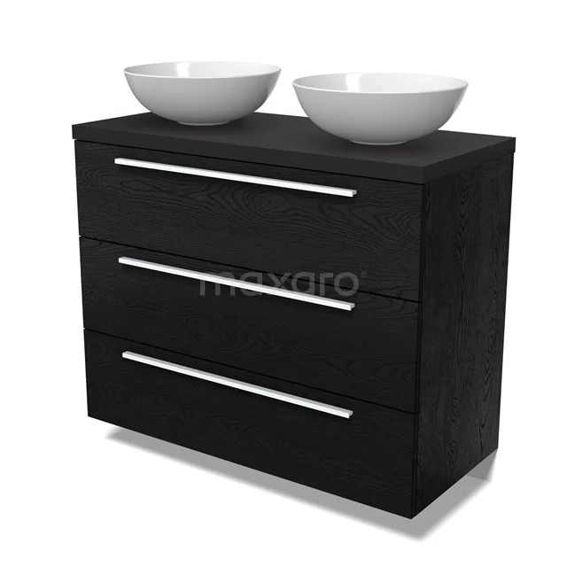 Modulo Plato Vanity units for countertop basin | 100 cm Black oak Flat front Matte black worktop 3 drawers BMK19-01658
