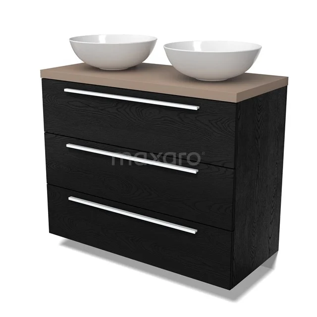 Modulo Plato Vanity units for countertop basin | 100 cm Black oak Flat front Taupe worktop 3 drawers BMK19-01659